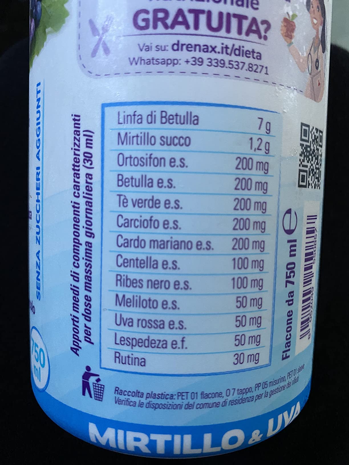 Drenax Forte Plus Mirtillo Uva drenante 750 ml betulla