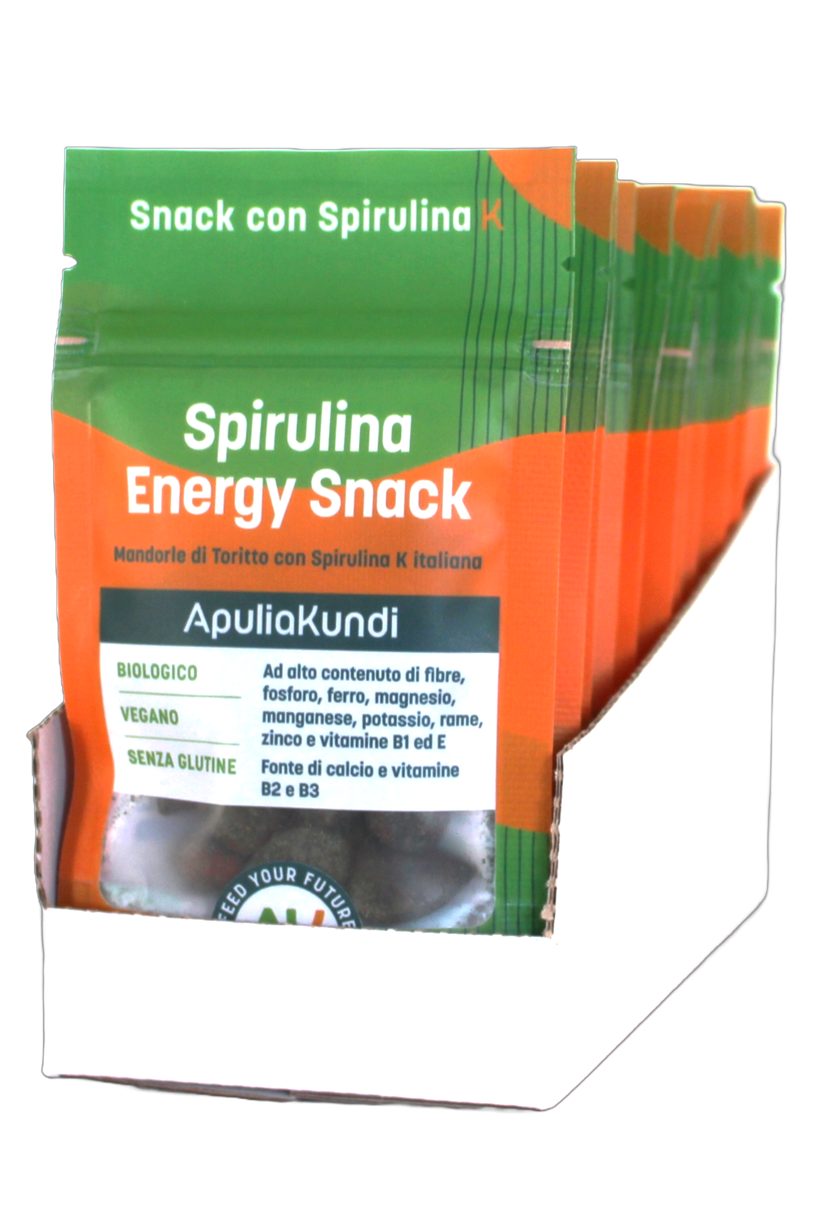 Apuliakundi Snack Mandorle Toritto spirulina box 12 pezzi